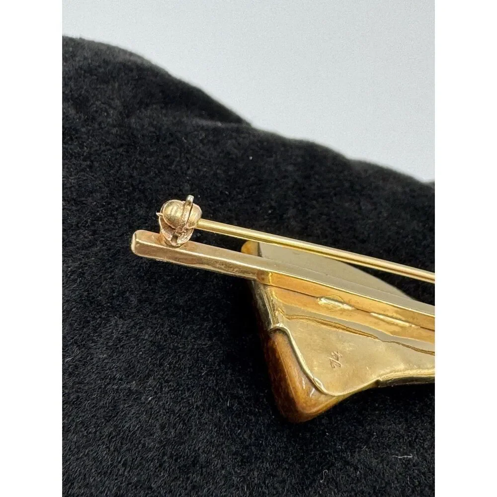 Vintage 14k‎ Yellow Gold Polished Stone Tigers Eye Brooch Pin Estate Jewelry
